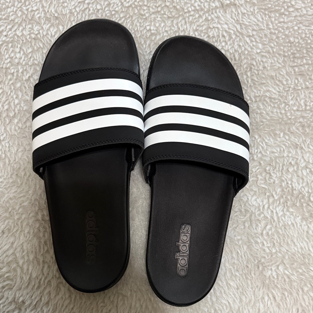 Adidas Black and White Striped Slides
